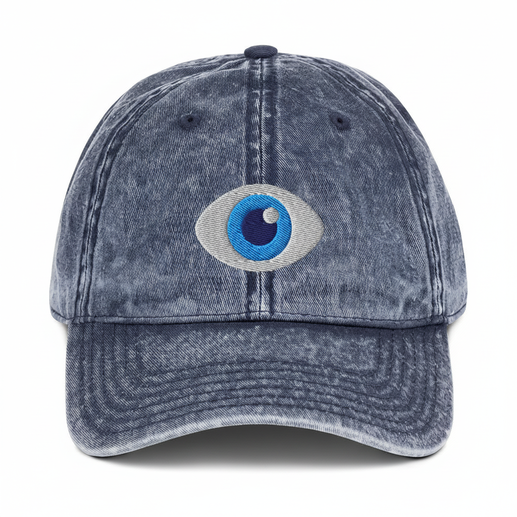 Navy washed denim dad hat with embroidered evil eye, centered on a pure white background with uniform padding